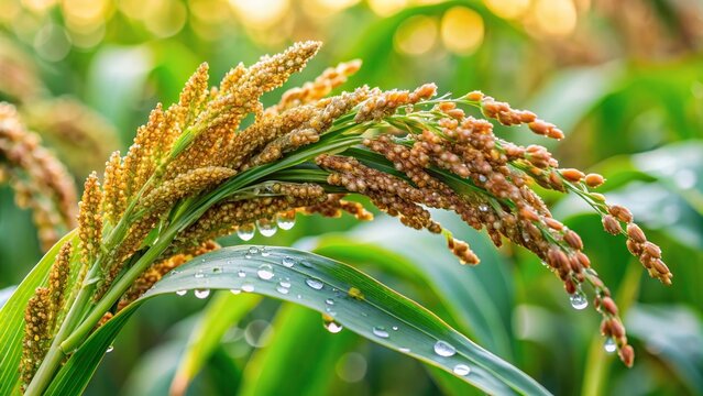 Asymmetrical Fresh Johnson grass Sorghum halepense with raindrops
