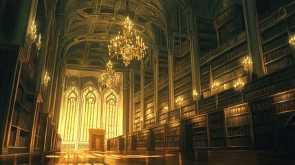 Obraz premium An ancient anime-style library filled with towering bookshelves, lit by soft golden light from chandeliers.