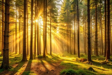 Fototapeta premium asymmetrical golden light filtering through forest trees