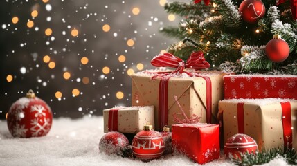 Christmas gift with golden ribbon in front of a decorated tree. AI generated.