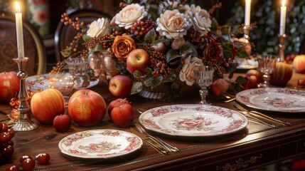 Rustic elegant Thanksgiving tablescape with vintage plates, handmade ceramic bowls, seasonal fruits, flowers, and flickering candles for cozy ambiance