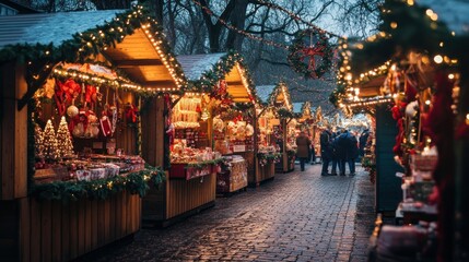 Obraz premium Christmas market stall with decorated trees and gifts, AI generated