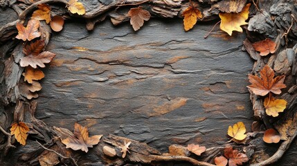 Autumn Leaves Arranged in a Frame on a Weathered Surface