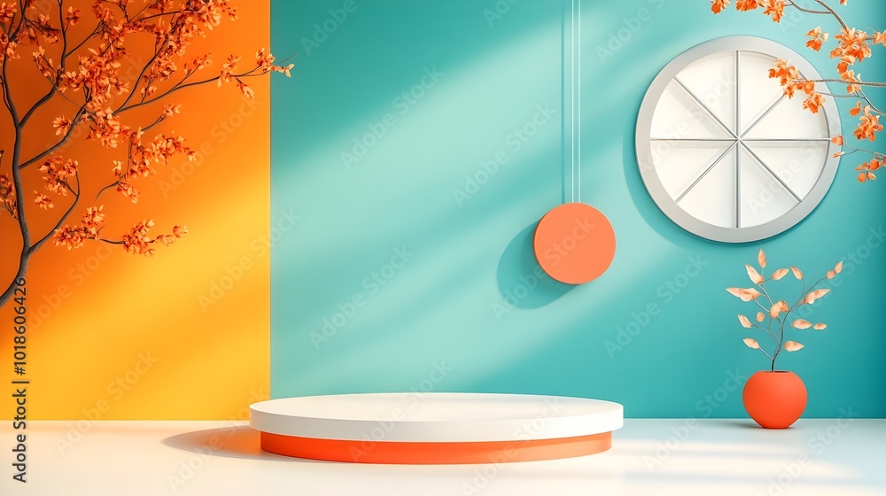 Poster vibrant coral inspired 3d studio room with empty floor wall and product podium shadow overlay from w