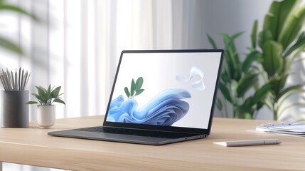 Fototapeta premium A sleek laptop mockup on a wooden desk, customizable screen open, with plants and stationary in the background for a professional workspace setting.