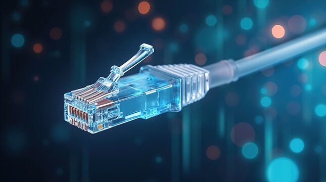 Close-up of a Cat6 RJ45 Ethernet cable connector in focus