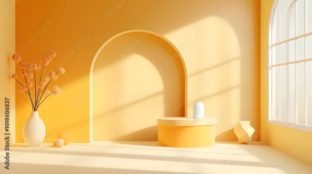 Poster minimalist and modern 3d studio room setting with warm yellow background empty floor and wall produc