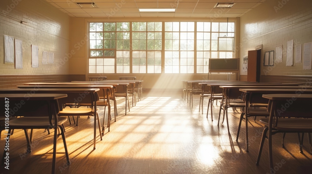 Poster an empty classroom with rows of chairs and desks, sunlight streaming in from the windows, awaiting t