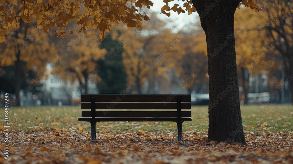 Canvas Prints An empty park bench under a tree in autumn, symbolizing peaceful solitude and quiet reflection.