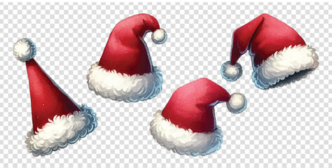 Set Red watercolor santa claus vector hat. Tracking illustration for New Year and Christmas isolated on transparent background.