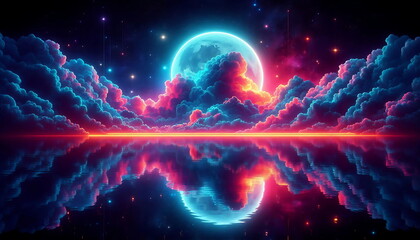 Colorful Landscape with Neon Light, Moon, Clouds, and Sea – Home Décor Poster, Music Cover Art, Nature Background