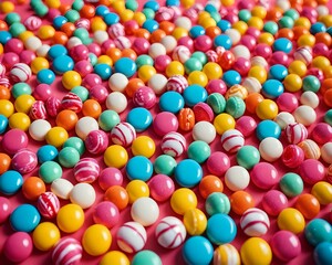 Vibrant colorful assortment of candy on pink background in playful arrangement