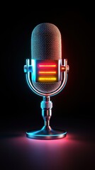 Stylish microphone with vibrant lights against a dark background.