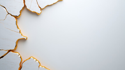 Cracked white surface with golden edges creates striking contrast, evoking sense of elegance and sophistication. This unique texture adds depth to any design project