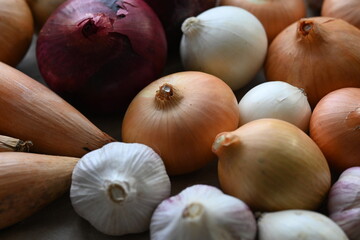 close-up of colourful onions, close-up of chives and onions, close-up of purple onions, close-up of white garlic
