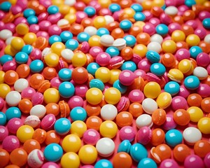 Obraz premium Vibrant colorful assortment of candy on pink background in playful arrangement