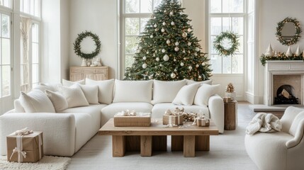 Cozy Christmas living room with a modular sofa, boucle armchair, and beautifully decorated tree. Wooden console and wrapped gifts complete the elegant holiday look.
