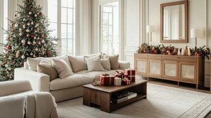 Cozy Christmas living room with a modular sofa, boucle armchair, and beautifully decorated tree. Wooden console and wrapped gifts complete the elegant holiday look.