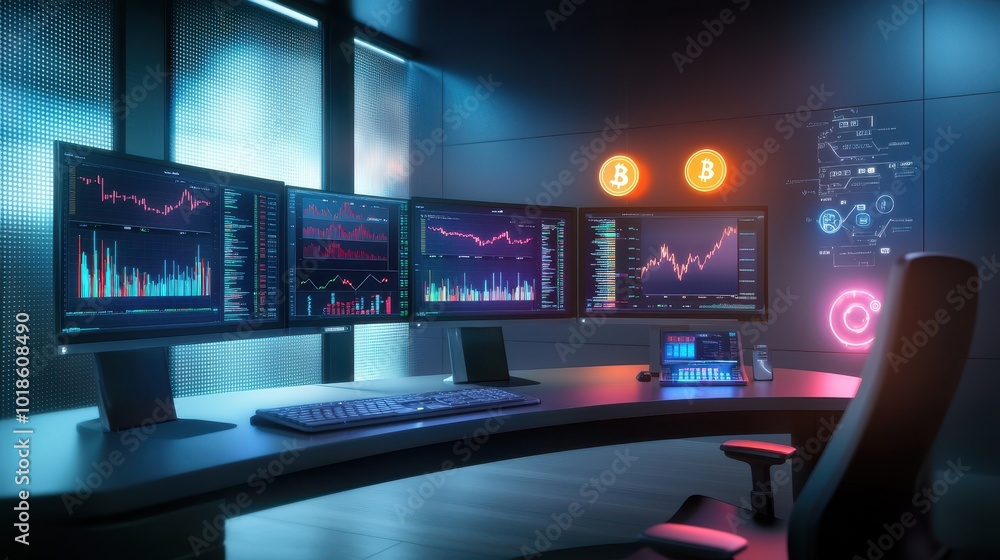 Poster a trader's desk with multiple monitors displaying live cryptocurrency markets, surrounded by trading
