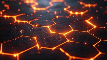 Fototapeta premium Abstract Hexagon Pattern with Glowing Orange Lines and Sparkles
