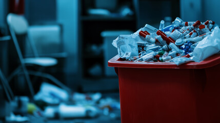 A red bin overflowing with medical supplies shows how hard it is to get rid of waste safely in hospitals and clinics.