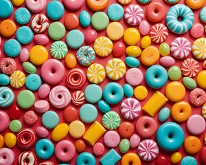 Fototapeta premium Vibrant colorful assortment of candy on pink background in playful arrangement