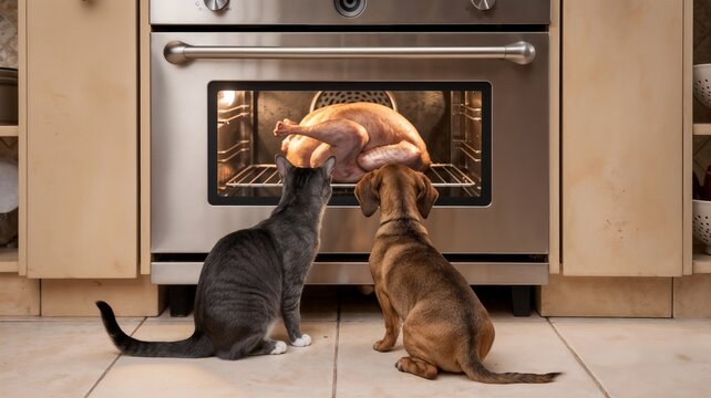 Grey Cat and Brown Dog Watching Roasted Turkey in Oven