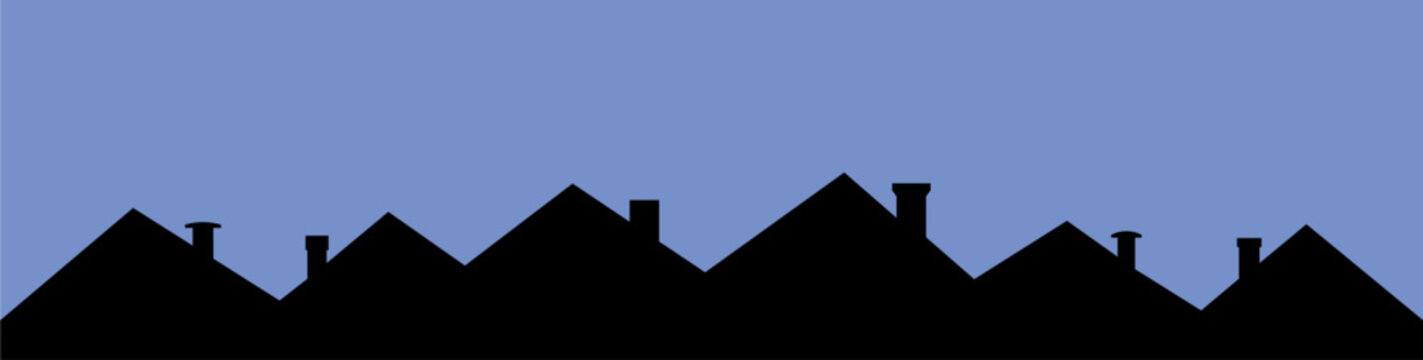 Cityscape, town, houses with roofs and chimneys. Blue background, black silhouette. Different types of chimneys.Vector icon.