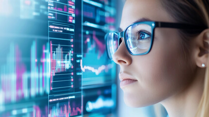 A Focused Woman Analyzing Data Through Smart Glasses