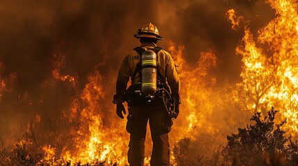 Fototapeta premium Flames rise high as a firefighter, dressed in safety gear, stands firm in an emergency, ready to tackle the fire ahead.