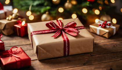 Perfect Christmas gift in friendly packaging on wooden table, eco holiday concept, Christmas gift wrapping,