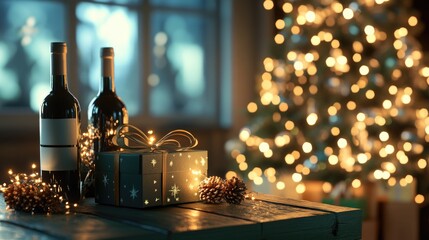 Elegant Christmas scene with a green table glowing with twinkling lights, wine bottles, a sparkling tree, and wrapped gifts. Perfect for a festive celebration.