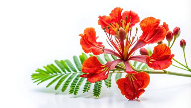 Asymmetrical red royal poinciana flower isolated on white background