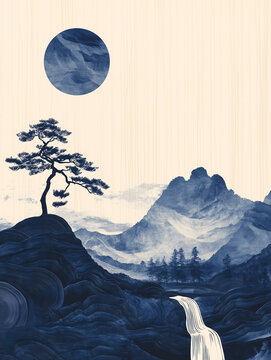 Paysage japonais rappelant une estampe &agrave; l'encre avec un arbre, des montagnes et la lune ou le soleil