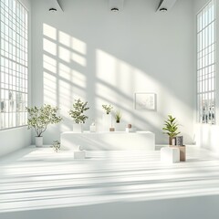 Fototapeta premium Expansive 3D interior studio with a central product podium set against stark white walls dramatic shadows cascading across the surfaces and bright sunlight streaming in to create a high key