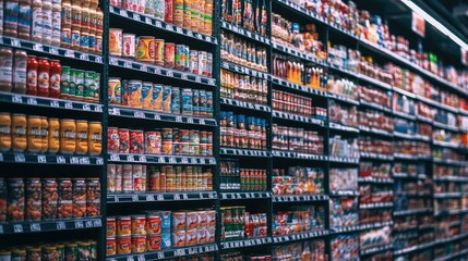 Rows of canned goods, snacks, and drinks arranged in an orderly fashion on brightly lit supermarket shelves.