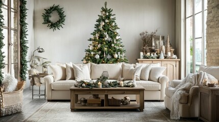 Obraz premium Festive Christmas living room showcasing a cozy modular sofa, a beautifully decorated tree, and elegant accessories on a wooden console. Perfect for family gatherings.