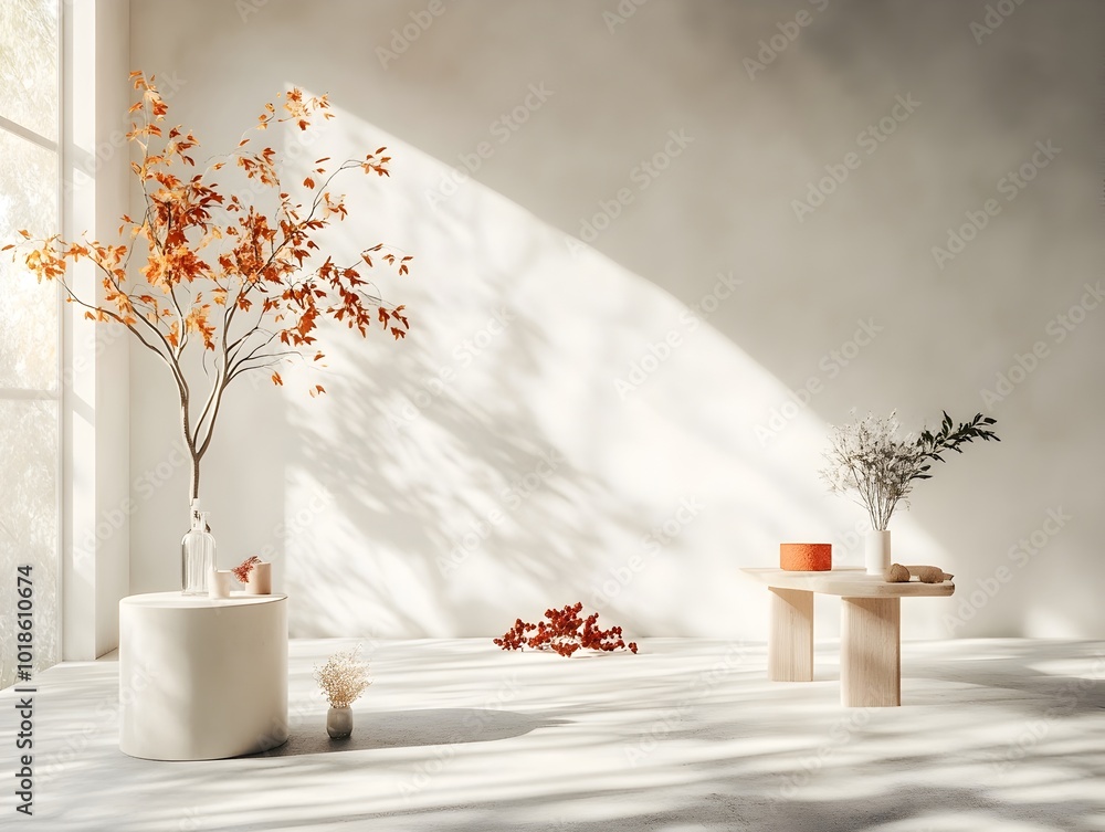 Poster vibrant 3d studio environment with minimalist architecture featuring a concrete floor white walls an