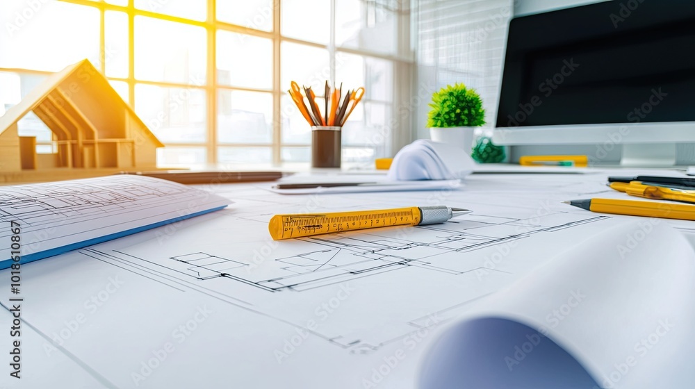 Poster detailed architectural blueprint spread out on a desk, with precise lines and measurements, surround