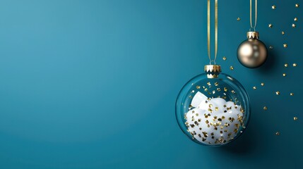 A festive image featuring elegant Christmas ornaments against a teal background, ideal for holiday-themed projects, marketing materials, or seasonal promotions