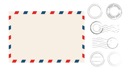 Airmail blank postcard template retro border envelope with stripes stamps set. Paper texture, vintage mail. Air post letter. Blank envelope