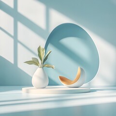 Vibrant 3D studio setting with a pristine white floor and backdrop showcasing a product plinth with soft shadows stretching from the bright window light