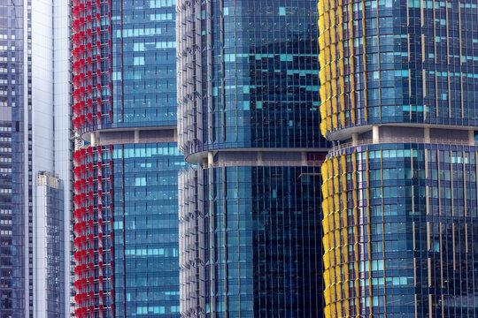 Sydney, Australia - 9 Feb 2023: Detail of the International Towers of Barangaroo in Darling Harbour. Completed in 2016 as part of an urban redevelopment project, and housing commercial businesses. .