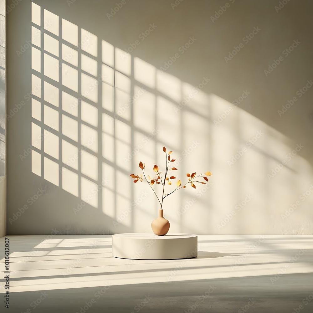 Aufkleber sunlit 3d studio space with central display podium and mesmerizing shadow patterns cast by window il