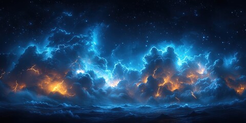 Fototapeta premium Celestial Storm Above a Tranquil Sea with Lightning Illuminating the Clouds