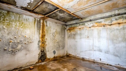 Obraz premium Asymmetrical water damage in moldy corner of a sub basement roof