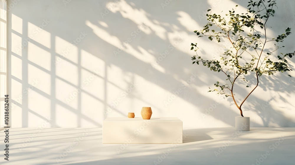Aufkleber chromatic 3d studio setting with minimalist product display and natural light gradient cascading fro