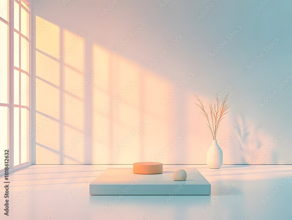 Poster modernist 3d studio backdrop with clean seamless floor and wall central plinth and soft light gradie