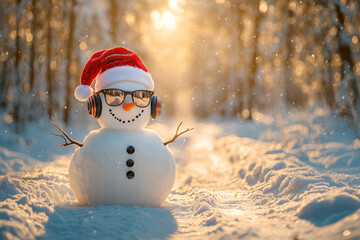 Fototapeta premium Funny snowman with headphones in winter forest. Christmas and New Year concept.