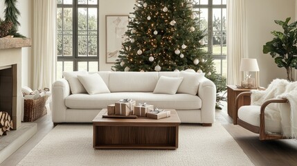 Stylish holiday living room with modular sofa, boucle armchair, wooden console, and a beautifully decorated tree. Gifts wrapped neatly beneath, perfect for family gatherings.